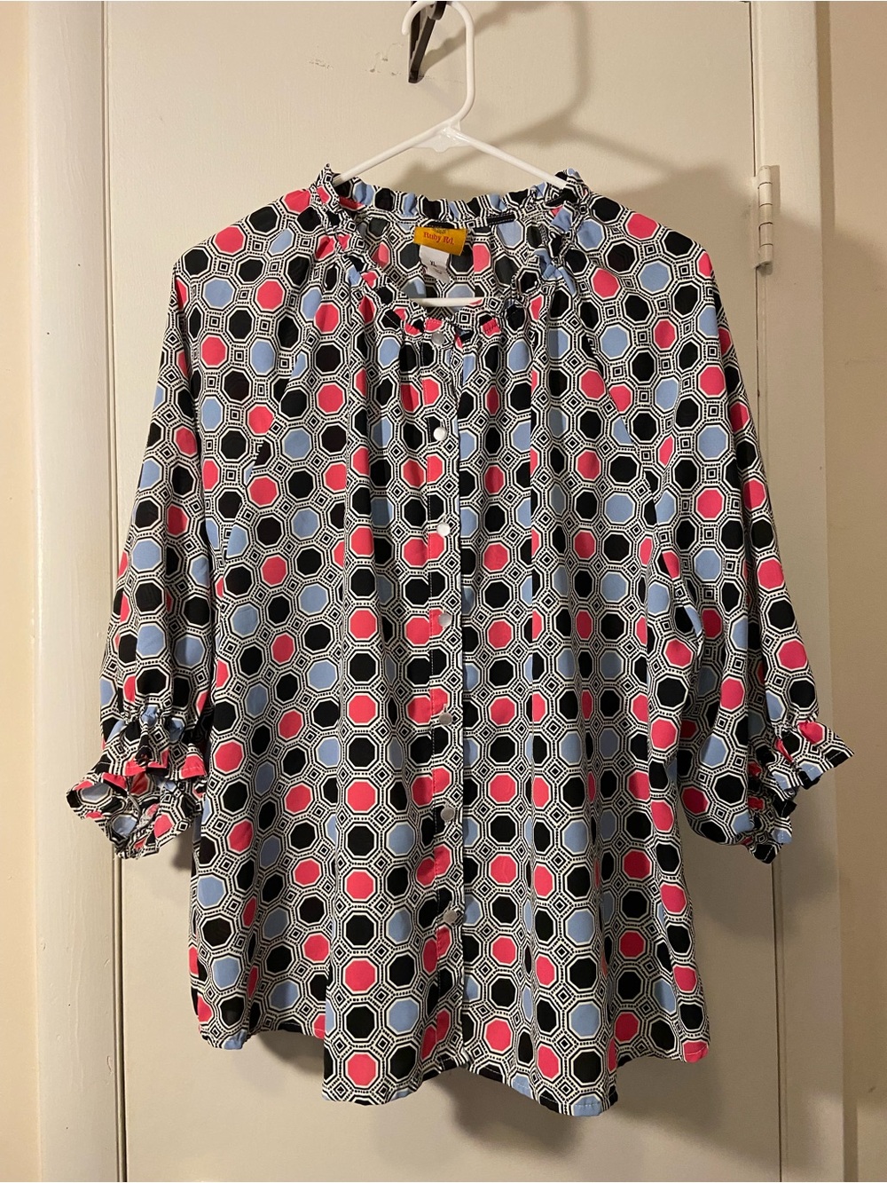 Ruby Rd. Geometric Tie-Front Blouse in Pink & Light Blue